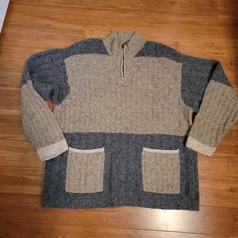 Northern Isles Hand Knitted Vintage Neutral Color Block 1/4 Zip Sweater Size XL